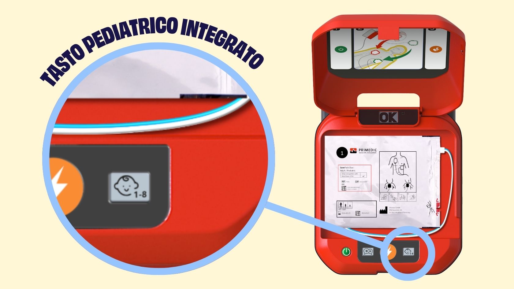 Defibrillatore Primedic con tasto pediatrico integrato
